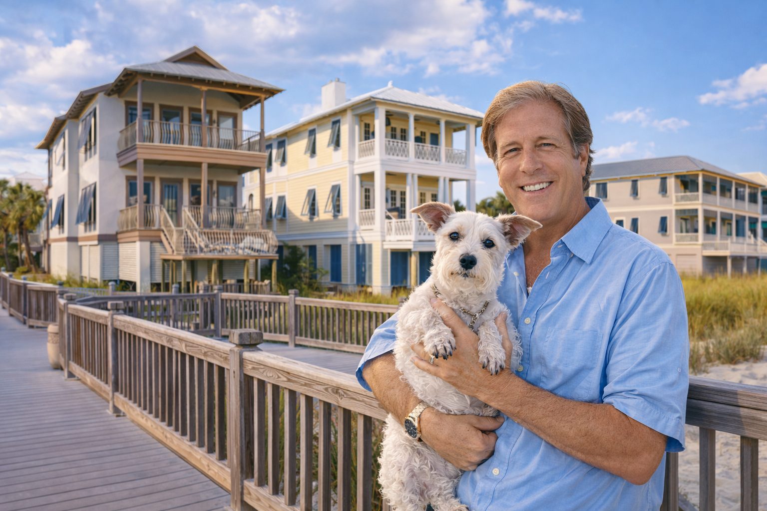 Wayne Myshin holding his dog Daisy on a coastal boardwalk in Northwest Florida