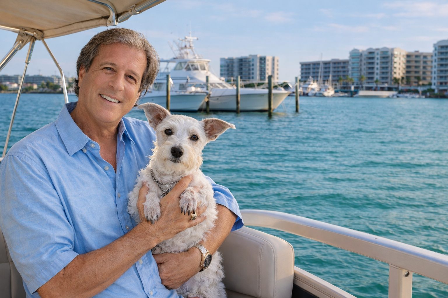 Wayne Myshin holding his dog Daisy on a boat in Northwest Florida
