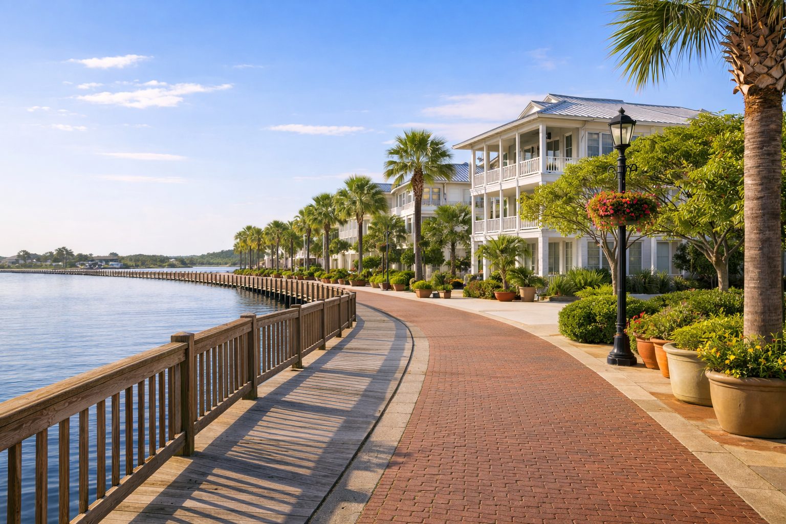 Northwest Florida waterfront boardwalk in bright afternoon light with coastal homes and calm water, representing steady real estate guidance.