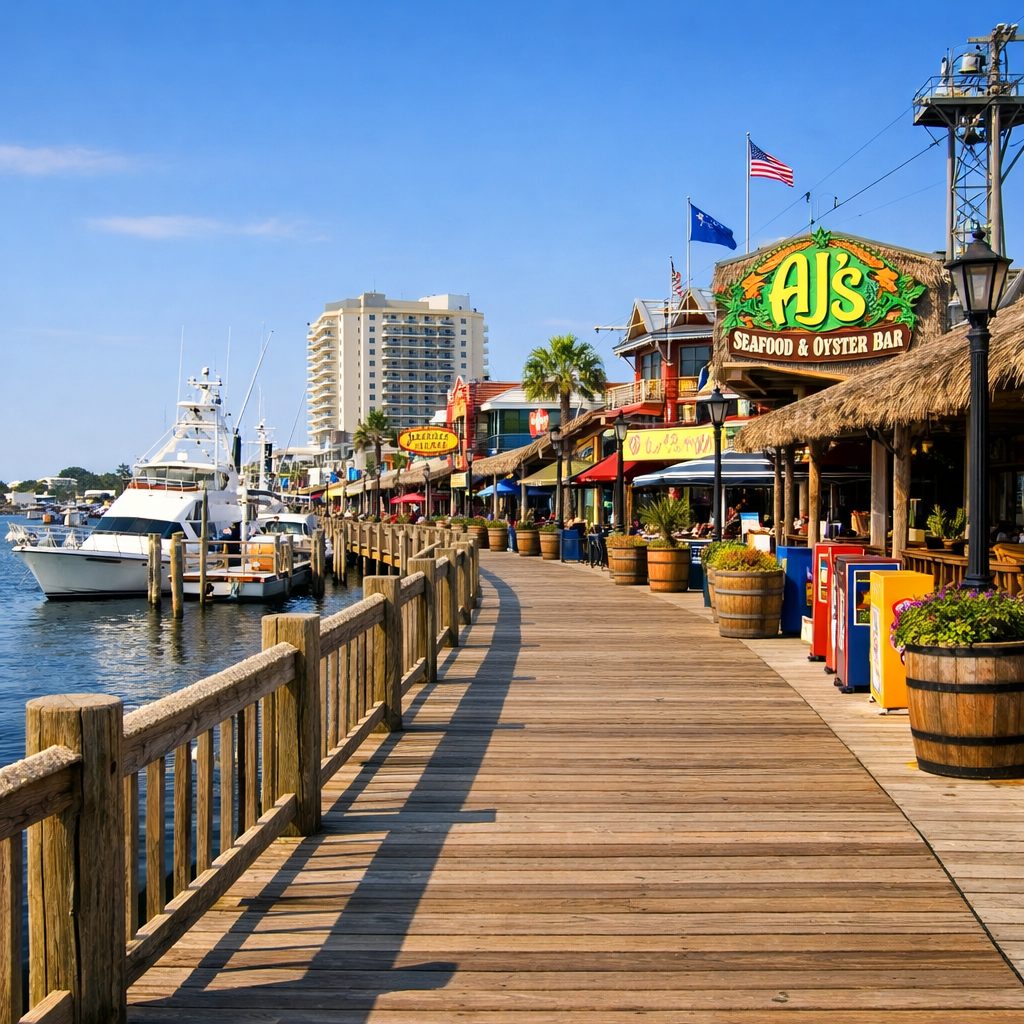 Destin Harbor boardwalk in Northwest Florida with waterfront shops and marina in bright afternoon light