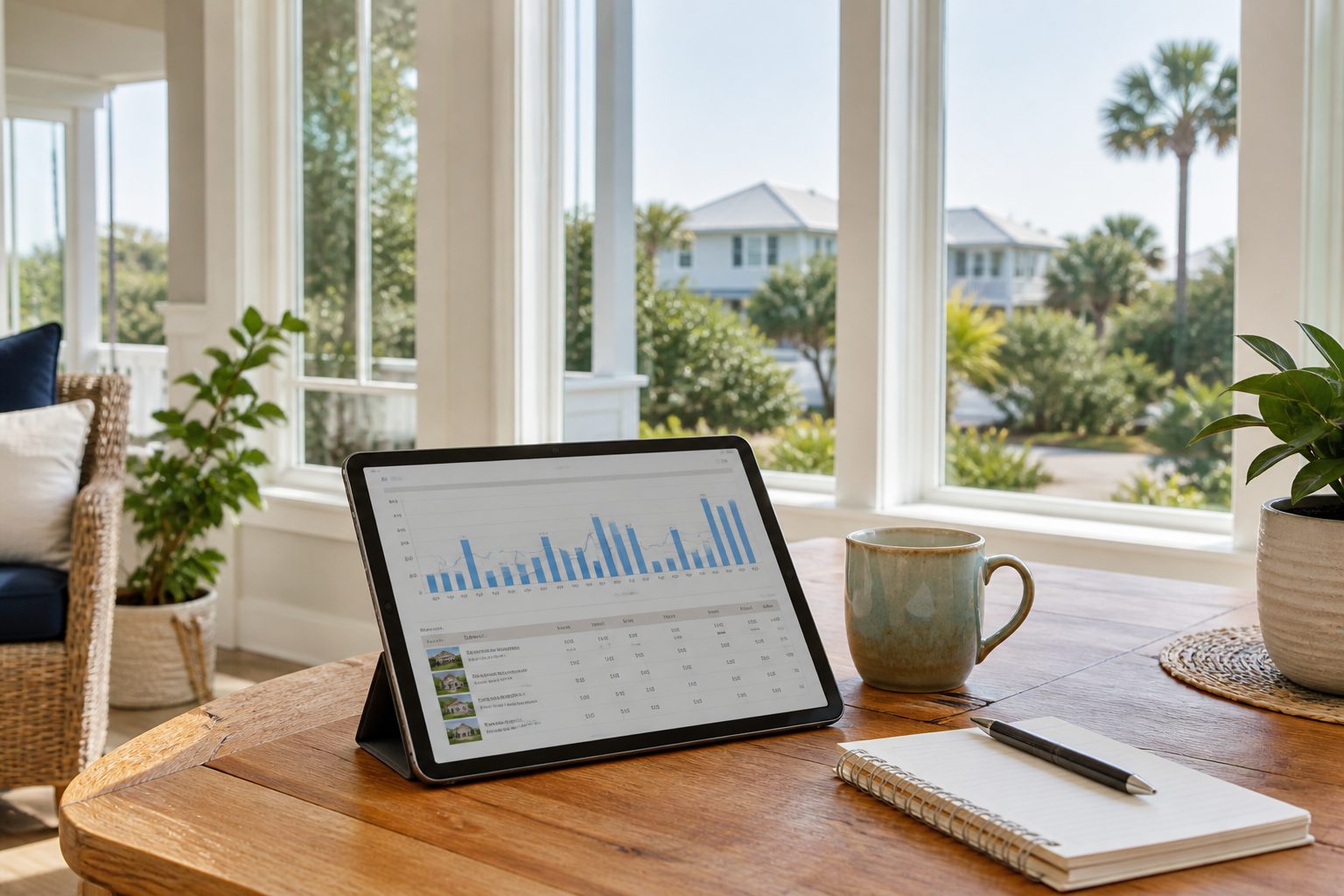 Tablet showing real estate market data inside a Northwest Florida coastal home