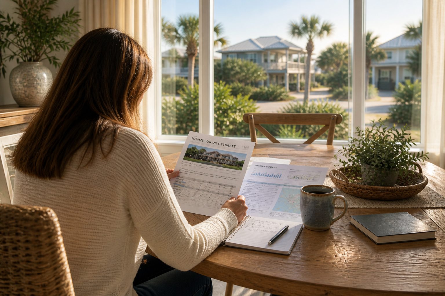 Homeowner reviewing home value estimates in a Northwest Florida coastal home