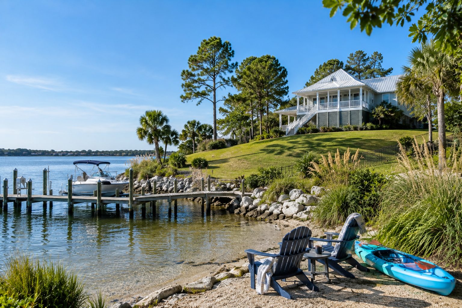 Bayfront second home overlooking calm coastal waters on the Emerald Coast