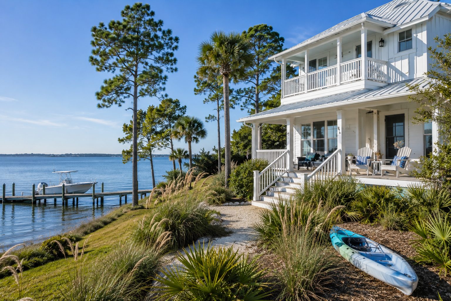 Vacation rental home overlooking calm coastal water on Florida's Emerald Coast