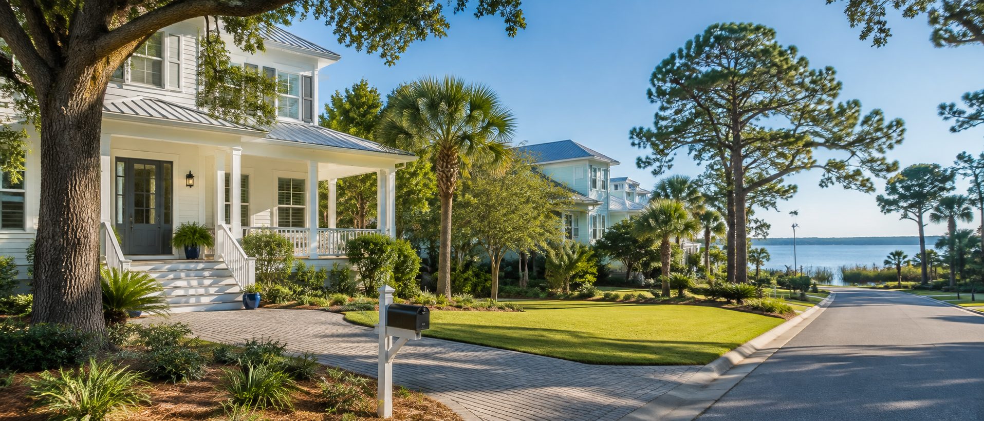 Northwest Florida home and surrounding neighborhood viewed from the street during a home search