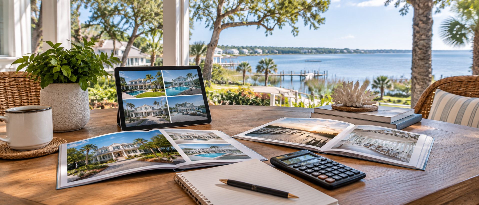 Property information on a table overlooking the Emerald Coast for a 1031 exchange decision