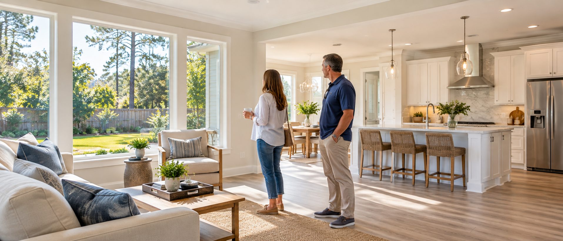 Prospective homebuyers thoughtfully evaluating the living space during a Northwest Florida home showing